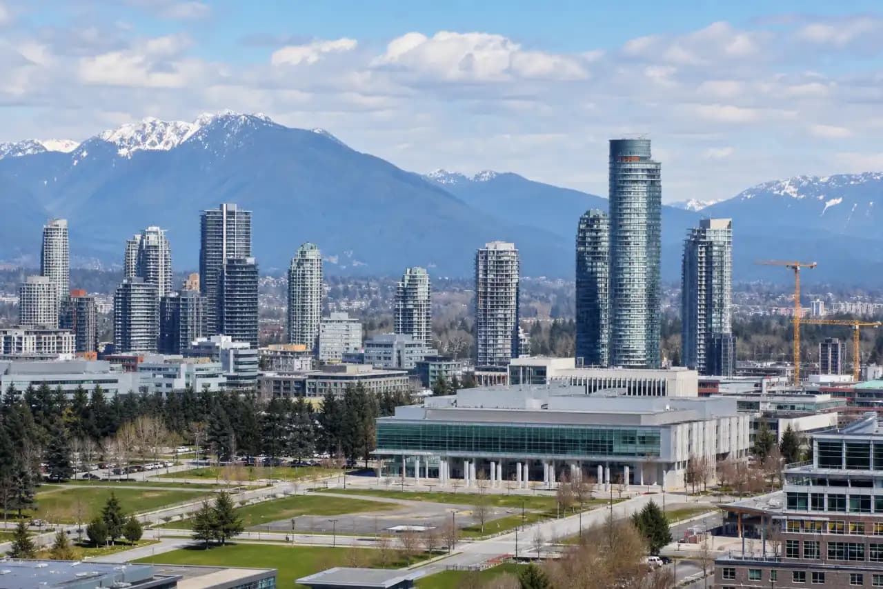Rooftops and skyline of Surrey, British Columbia — the area RooFix serves