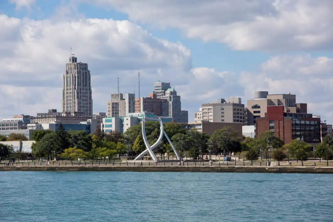 Rooftops and skyline of Windsor, Ontario — the area RooFix serves