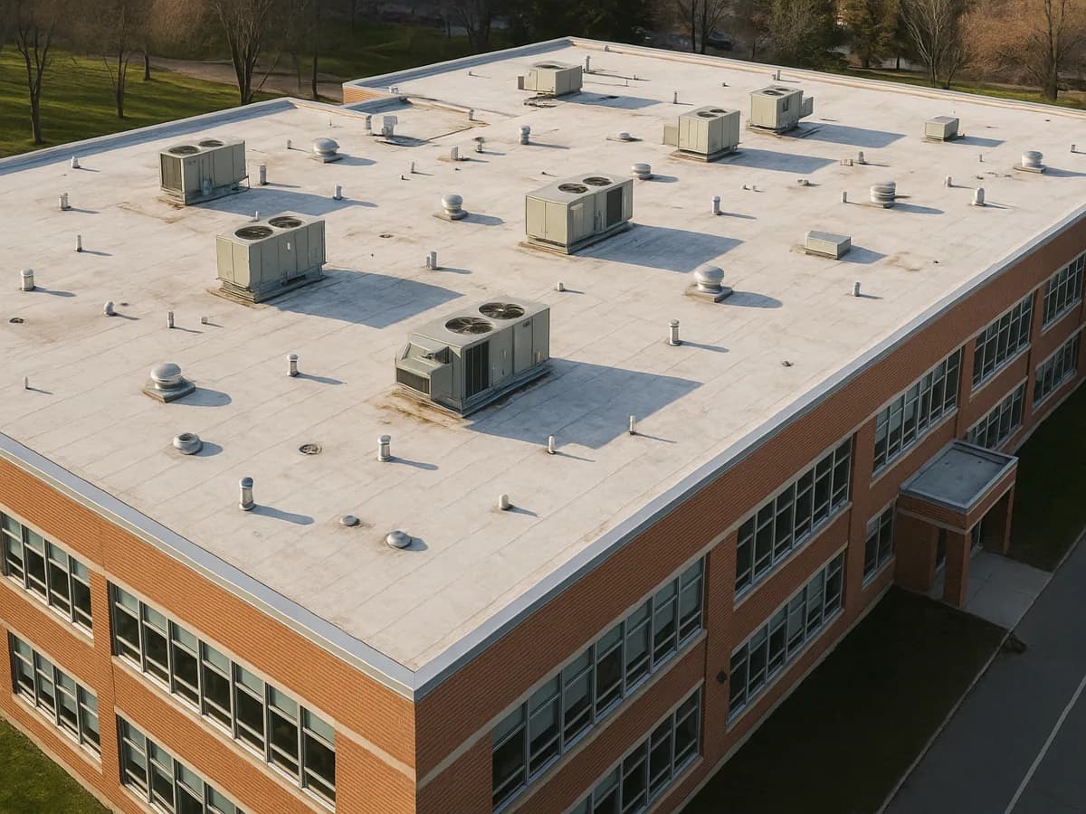 A institutional roofing building with a professionally installed roof in Canada