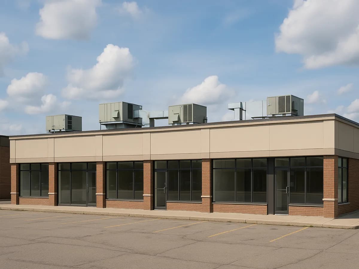 A retail & office roofing building with a professionally installed roof in Canada