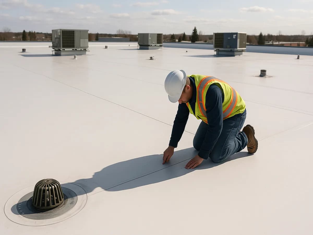 Flat Roof Repair installed on a Canadian home, photographed close up